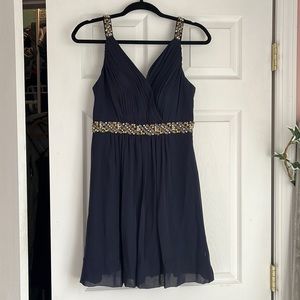 Calvin Klein Navy Sweetheart Neckline Dress with Gold and Rhinestone Accents